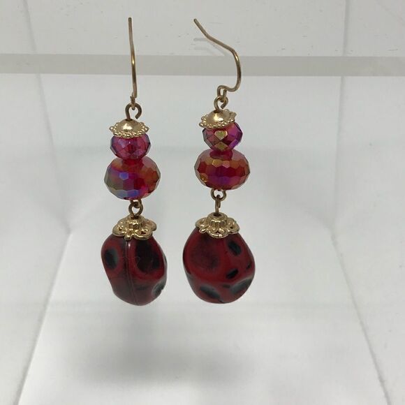Funky red glass dangle earrings - Picture 2 of 3